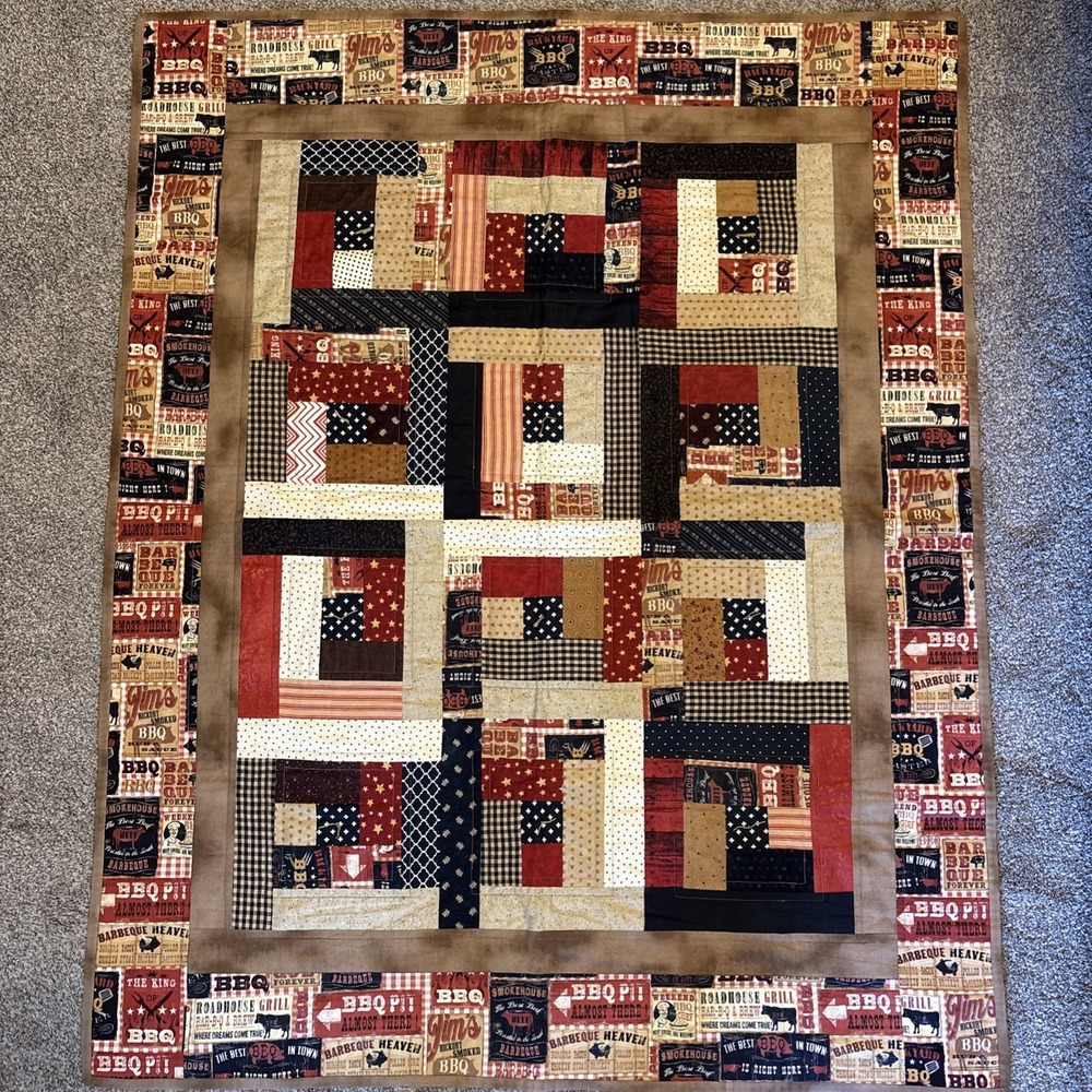 Handmade Log Cabin Quilt 40x50" BBQ Western Theme Red Black Tan Brown Lap Quilt